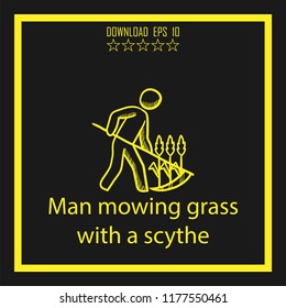 Man mowing grass with a scythe  sketch vector icon