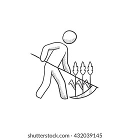 Man mowing grass with scythe vector sketch icon isolated on background. Hand drawn Man mowing grass with scythe icon. Man mowing grass with scythe sketch icon for infographic, website or app.