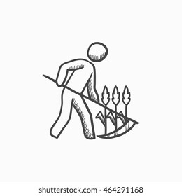 Man mowing grass with scythe vector sketch icon isolated on background. Hand drawn Man mowing grass with scythe icon. Man mowing grass with scythe sketch icon for infographic, website or app.
