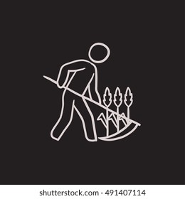 Man mowing grass with scythe vector sketch icon isolated on background. Hand drawn Man mowing grass with scythe icon. Man mowing grass with scythe sketch icon for infographic, website or app.