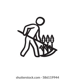 Man mowing grass with scythe vector sketch icon isolated on background. Hand drawn Man mowing grass with scythe icon. Man mowing grass with scythe sketch icon for infographic, website or app.