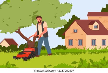 Man mowing green grass with push lawn mower in yard of house vector illustration. Cartoon farmer holding lawnmower machine, gardener with cutter equipment walking on backyard and gardening background