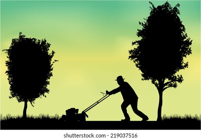 Man Mowing Lawn 