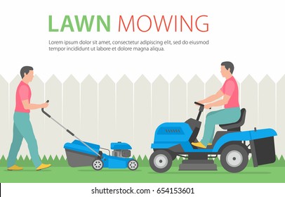 Man mowing the lawn with blue lawn mower