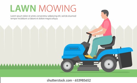 Man mowing the lawn with blue Tractor LawnMower