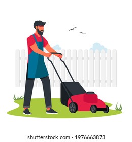 Man Mowing The Lawn in front of the fence. Professional gardener using garden machinery, equipment and tools: mowing, cutting, trimming grass and shrubbery. Vector illustration