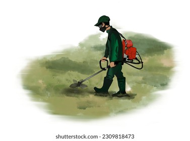 a man is mowing the lawn with a lawn mower on a white background