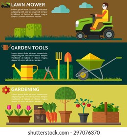 Man mowing  lawn on a riding lawn mower. Gardening tools, watering can, seeds, pot plants with flowers and leaves. Vector illustration