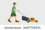 Man Mowing Lawn with Push Mower Flat Style Illustration.