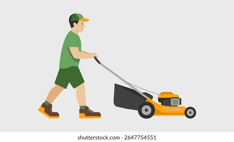Man Mowing Lawn with Push Mower Flat Style Illustration.