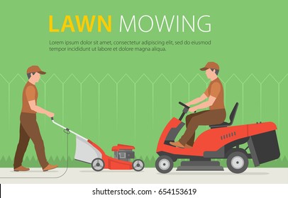 Man mowing the lawn with red lawn mower