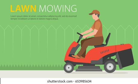 Man mowing the lawn with red Tractor LawnMower