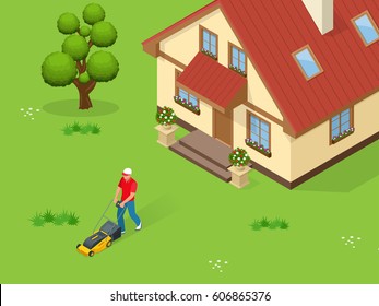 Man Mowing The Lawn With Yellow Lawn Mower In Summertime. Lawn Grass Service Concept. Isometric Vector Illustration