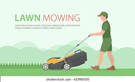 Man mowing the lawn with yellow lawn mower