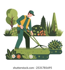 a man is mowing a pond with flowers and trees vector flat design