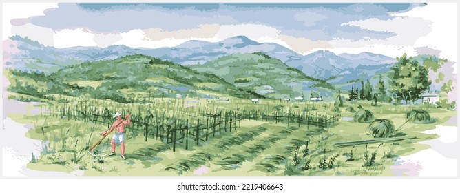 Man mows the grass, haymaker, Picture Carpathian. Background, screensaver banner. Transcarpathia. Artistic presentation, design template. Rural nature, magazine brochure, interior. Vector illustration