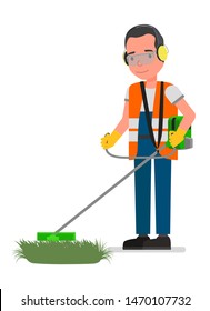 A man mows grass on the lawn with a trimmer. Isolated on a white background.