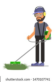 A man mows grass on the lawn with a trimmer. Isolated on a white background.