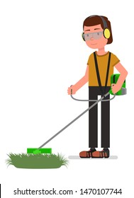 A man mows grass on the lawn with a trimmer. Isolated on a white background.