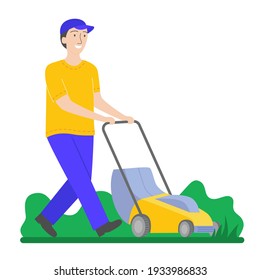 Man mows the grass with a yellow lawn mower. Smiling gardener tends the lawn. Duties of the husband in the garden. Garden work and equipment, home yard care, landscaping. Vector illustration 