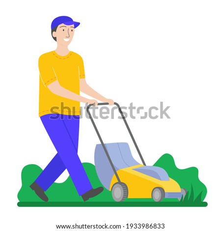 Man mows the grass with a yellow lawn mower. Smiling gardener tends the lawn. Duties of the husband in the garden. Garden work and equipment, home yard care, landscaping. Vector illustration 