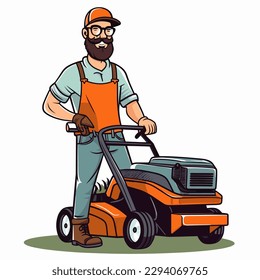 A man mows lawns, playgrounds and parks with a lawn mower. Community service. Maintenance of public areas. Gardening concept. Cartoon vector illustration. label, sticker, t-shirt printing