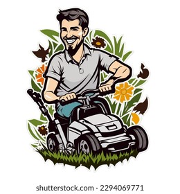 A man mows lawns, playgrounds and parks with a lawn mower. Community service. Maintenance of public areas. Gardening concept. Cartoon vector illustration. label, sticker, t-shirt printing