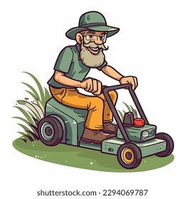 A man mows lawns, playgrounds and parks with a lawn mower. Community service. Maintenance of public areas. Gardening concept. Cartoon vector illustration. label, sticker, t-shirt printing