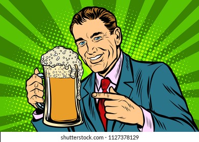 Man with a mug of beer foam. Comic cartoon pop art retro vector illustration drawing