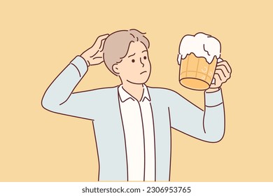 Man with mug of beer scratches head and doubts whether it is necessary to drink ale containing hops and alcohol. Confused guy with spilling beer doubts quality of drink due to excess of foam