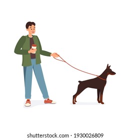 A man with a mug of coffee in his hand walks a Doberman dog. Happy pet owner. Vector illustration
