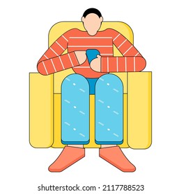 ein Mann mit einem Kaffee sitzt zu Hause auf dem Sofa. Entspannung in gemütlicher Atmosphäre. Fernsehen auf dem Sofa, Vektorgrafik