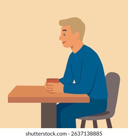 Man with a mug in his hands sits at the table. Vector stock illustration eps10.