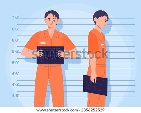 Man mugshot concept. Young guy with bruise under his eye and sign in his hand against background of stadiometer. Criminal in prison uniform. Police station. Cartoon flat vector illustration
