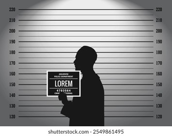  Um homem e mugshot, formação de polícia ou fundo mugshot para criminosos com centímetro métrico e visão de perfil lateral quadro-negro