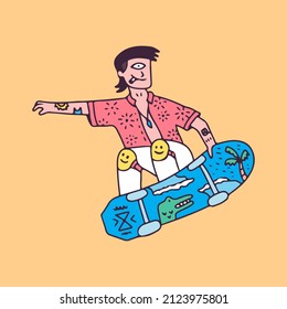 Man With Mullet Hair And One Eye Freestyle With Skateboard, Illustration For T-shirt, Sticker, Or Apparel Merchandise. With Doodle, Retro, And Cartoon Style.