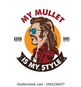 A Man With Mullet Hair Style And Red Neck Shirt, Good For Club Logo Andtshirt Design