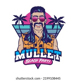 A Man With Mullet Hair Style And Red Neck Shirt In Retro Style, Good For Club Logo And Tshirt Design