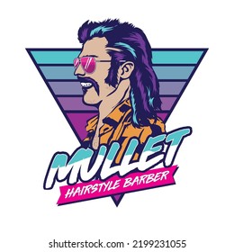 A Man With Mullet Hair Style And Red Neck Shirt In Retro Style, Good For Club Logo And Tshirt Design