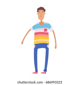 A man in a multicolored shirt and blue jeans