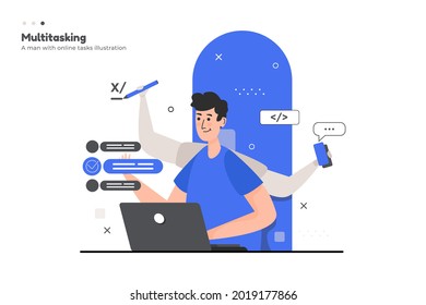 Un hombre con habilidades multitarea en el concepto de ilustración 