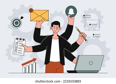 Man with multitasking. Young guy at workplace works at laptop, answers letters and calls. Overworked employee, poor time management and inefficient workflow. Cartoon flat vector illustration