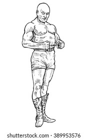 Man of muscle performs static exercise - hand drawn vector illustration, isolated on white