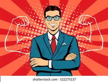 Man with muscles currency dollar pop art retro style. Strong Businessman in glasses in comic style. Success concept vector illustration.