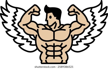 A man with a muscular body is shown with wings on his back. Concept of strength and power, as the man's muscles are emphasized by the wings. The combination of the muscular man