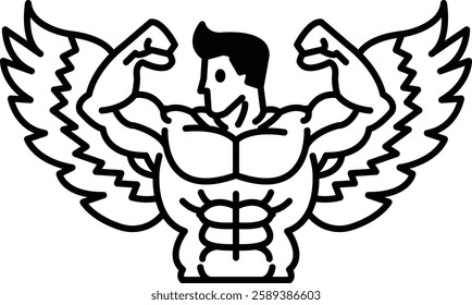 A man with a muscular body is shown with wings on his back