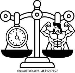 A man with a muscular build is on a scale with a clock. The clock is showing the time as 10:00