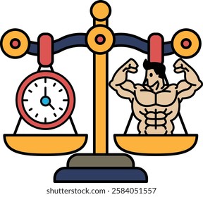 A man with a muscular build is standing on a scale that is balanced by a clock. The clock is set to the time of 10:00