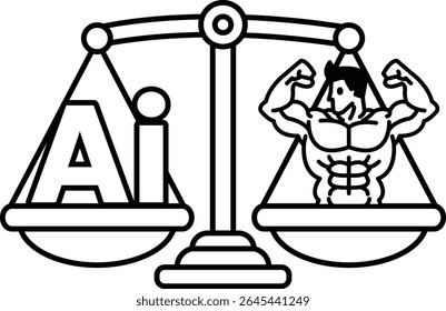 Um homem musculoso está numa balança com as letras AI no lado esquerdo