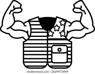 A man with a muscular build is wearing a vest with stars and stripes. The vest is black and white